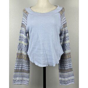 Free People Womens Fair Isle Knit Sweater With Bell Sleeves Lt Blue Size Medium
